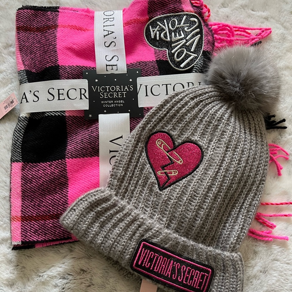 Victoria Secret Tassel Scarf,  Beanie Hat with Pom